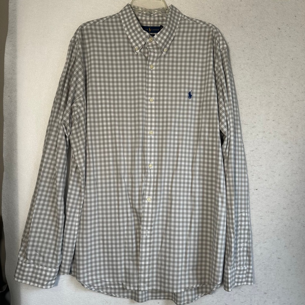 Polo Ralph Lauren Mens XXL Classic Fit Gingham Button Down Shirt Grey White